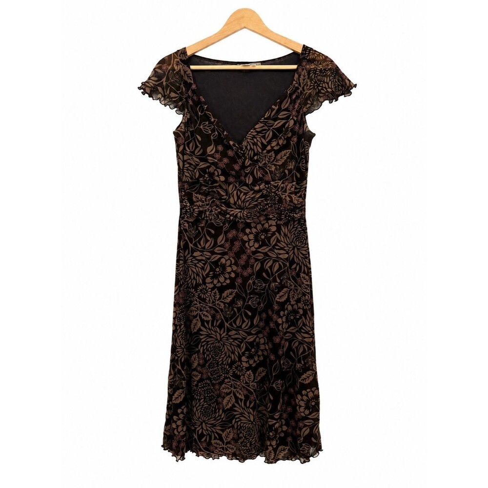 Isabella Bird Brown Floral Mesh Midi Dress Flutter Sleeve Size Medium Y2k Style